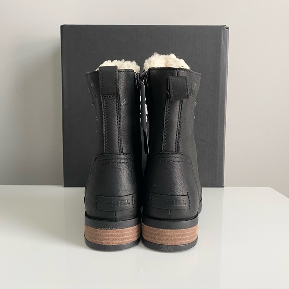 NEW W BOX Sorel Emelie Shearling Short Lace Up Cozy Black White Boots Shoes Sz 9 - Picture 5 of 13